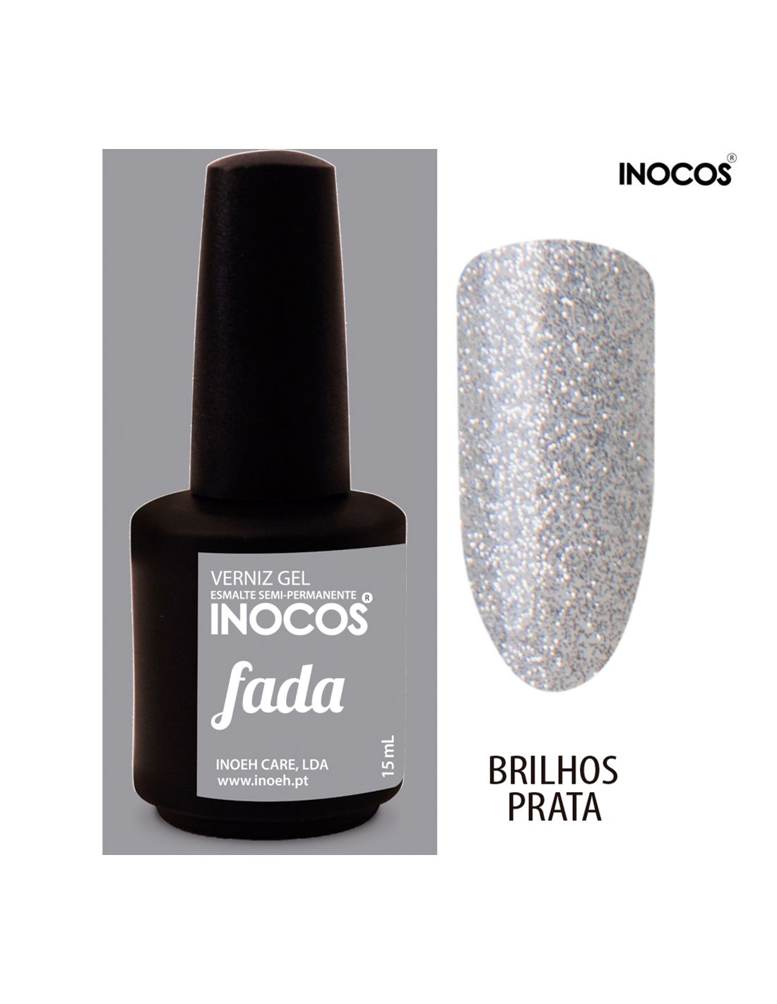 Verniz gel INOCOS fada 15 ml preto com amostra glitter prata