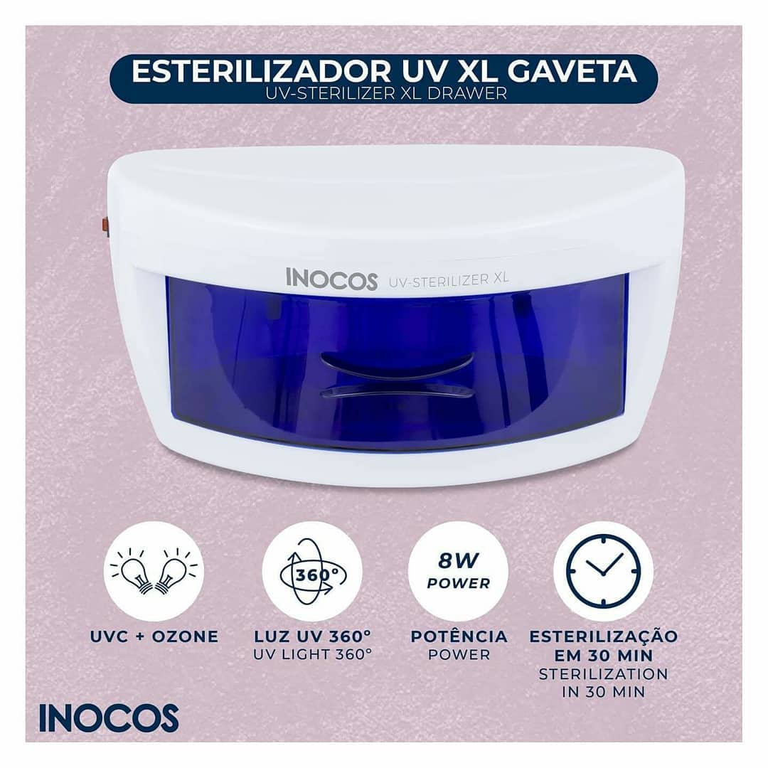 Esterilizador UV XL GAVETA branco com porta azul translúcida e texto explicativo em fundo rosa