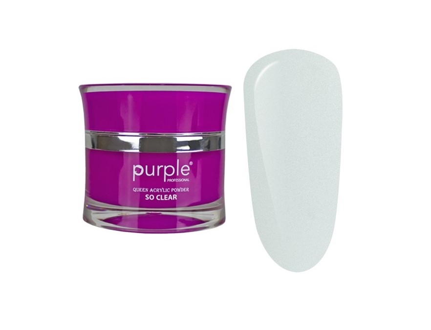 Recipiente roxo de gel de unhas e unha postiça branca em fundo branco