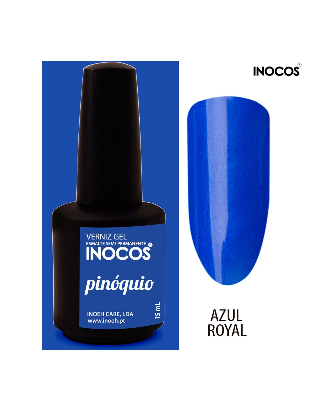 Frasco de verniz gel azul royal INOCOS pinóquio e amostra da cor