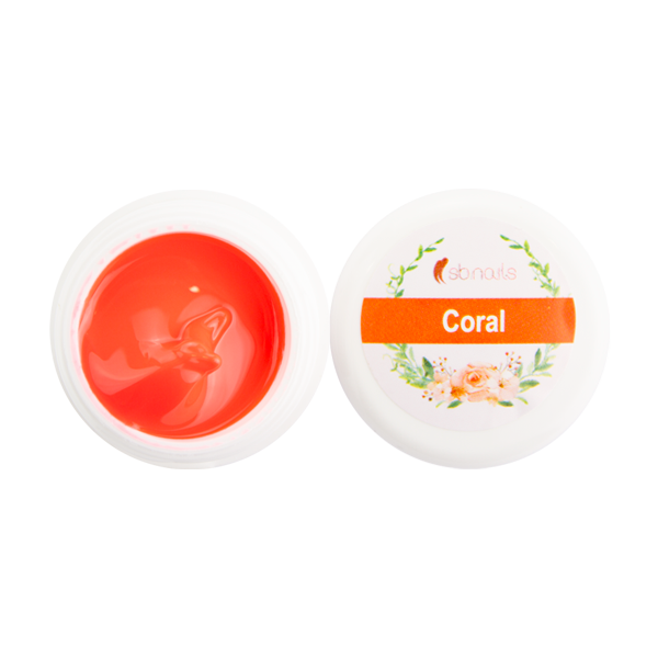 Gel para unhas coral em recipiente branco com tampa decorada e texto