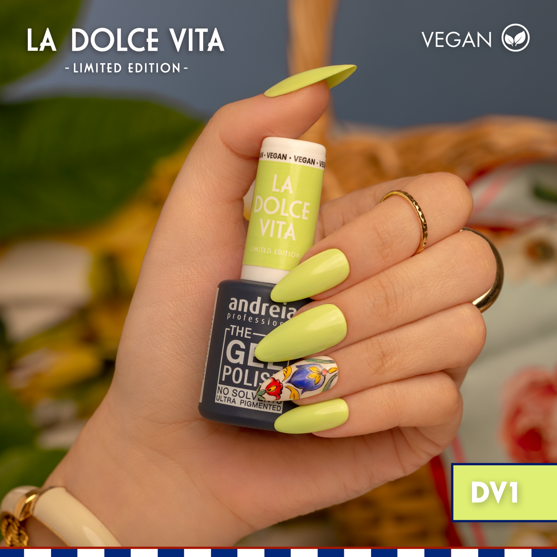 Verniz de unhas verde limão Andreia La Dolce Vita com unha decorada colorida