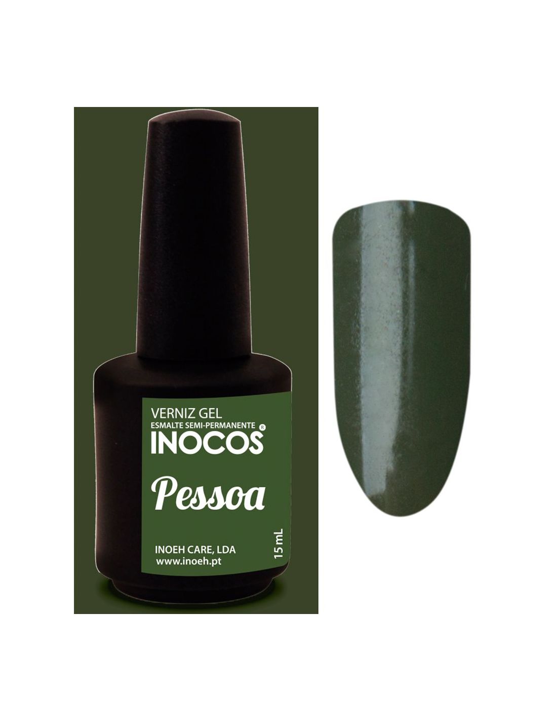 Verniz gel verde escuro INOCOS Pessoa com frasco e amostra da cor.