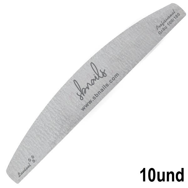 Lima de unha cinza claro com texto impresso e formato curvo