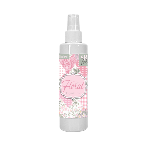 Garrafas de spray branco com rótulo floral em tons de rosa e branco