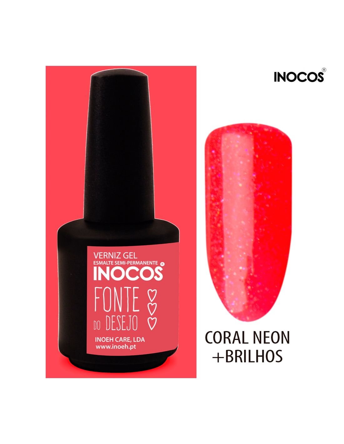 Verniz gel semi-permanente coral neon com brilhos da marca INOCOS