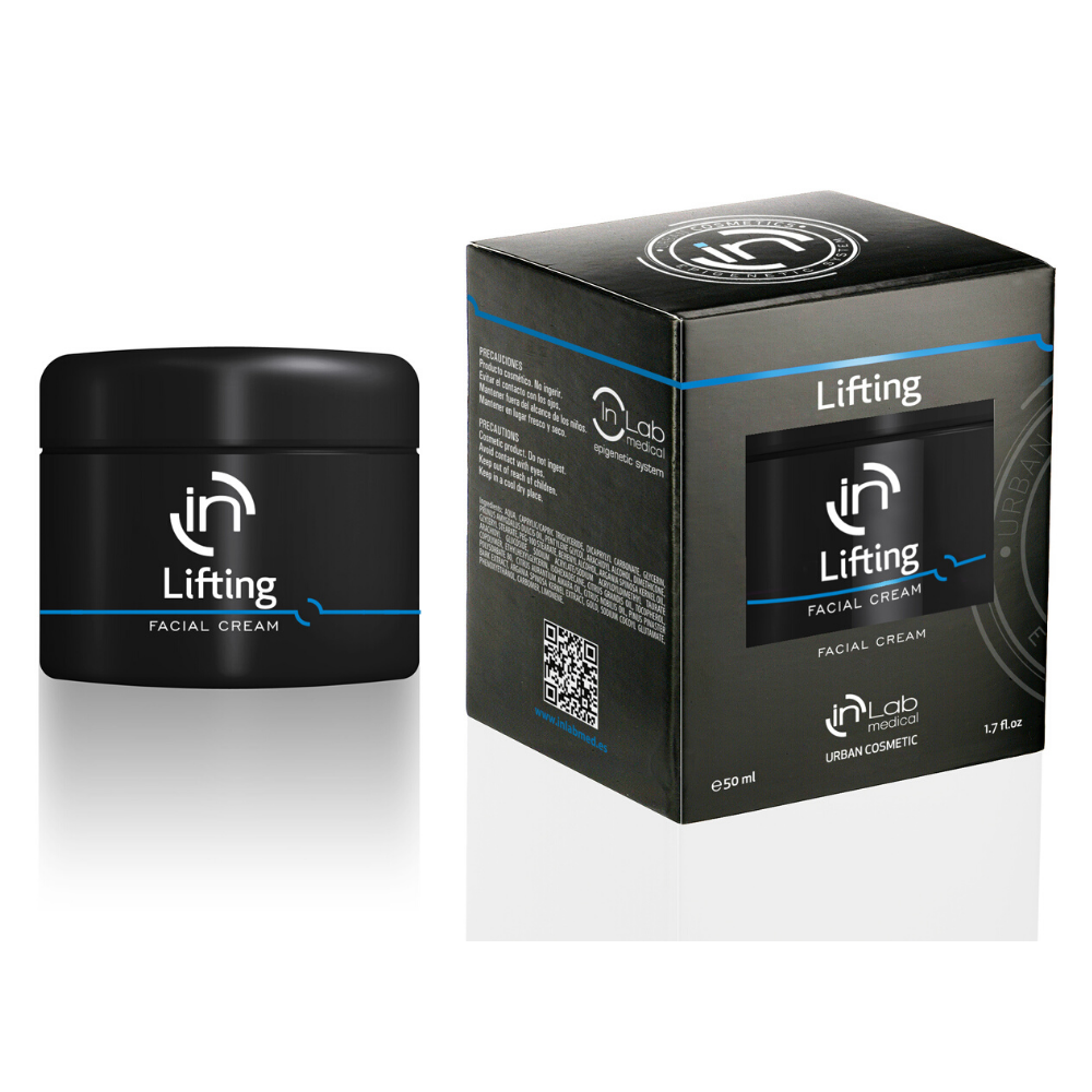 Creme facial Liftng com embalagem e caixa pretas com texto branco e azul