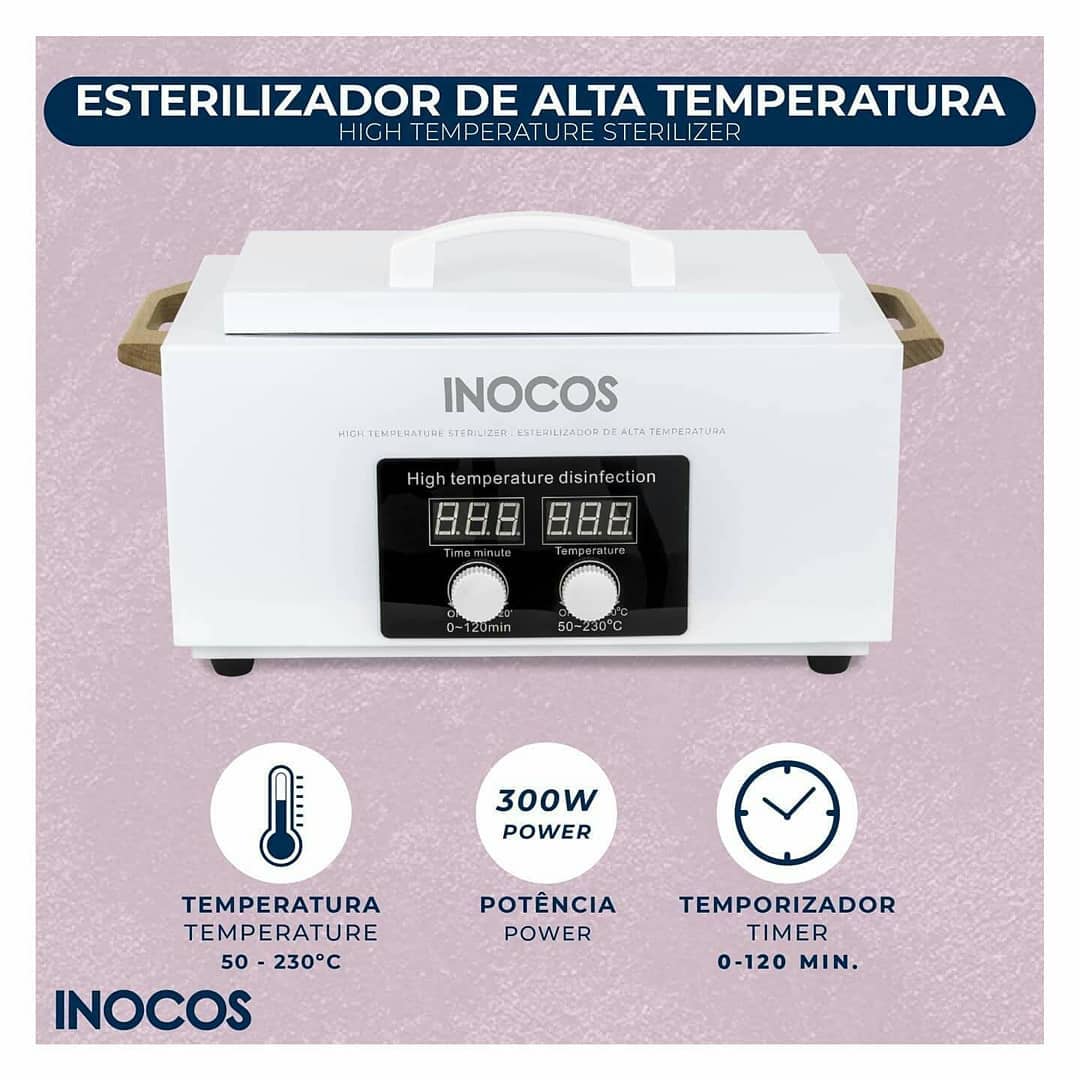 esterilizador branco com visor digital e pegas castanhas