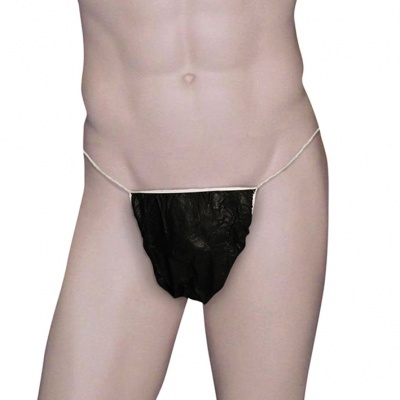 Cueca masculina tipo tanga preta com cordão branco mostrada em manequim