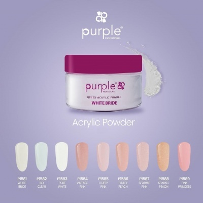 Frasco de pó acrílico Purple Professional branco com tampa rosa e amostras de cores pastel