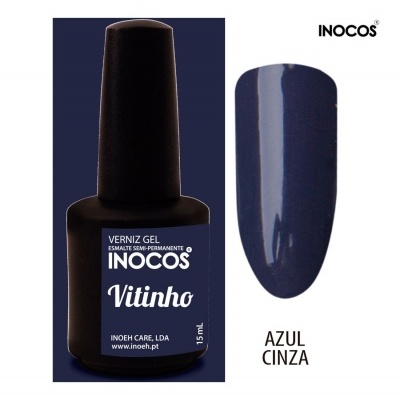 Verniz gel INOCOS Vitinho azul cinza com 15 ml e amostra da cor