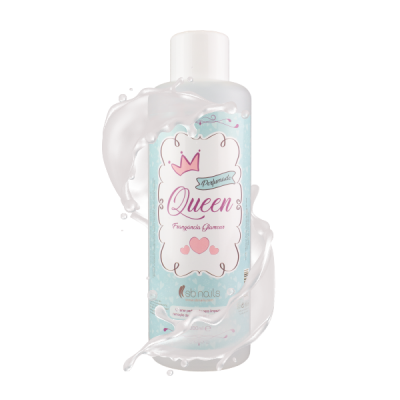 Frasco transparente com gel azul claro e tampa branca com rótulo azul e branco e texto Queen.