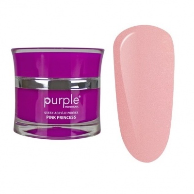 Pote de pó acrílico roxo com amostra de cor rosa claro em formato de unha