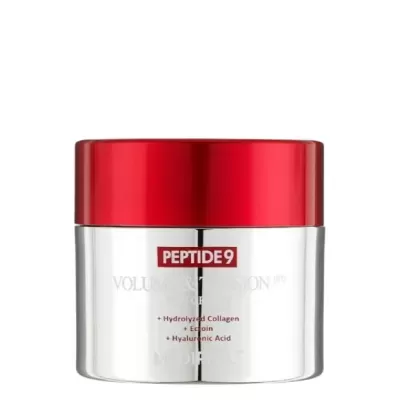 Frasco de creme Peptide9 com tampa vermelha e corpo prateado