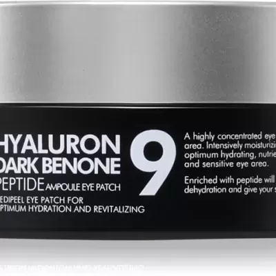 Pote preto com tampa prata de patches para olhos Hyaluron Dark Benone 9 Peptide Ampoule Eye Patch