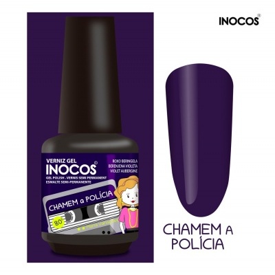 Verniz gel INOCOS roxo berinjela com embalagem preta e etiqueta Chamem a Polícia