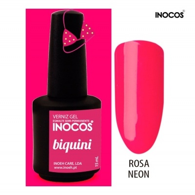 Frasco de verniz gel INOCOS rosa neon com amostra da cor