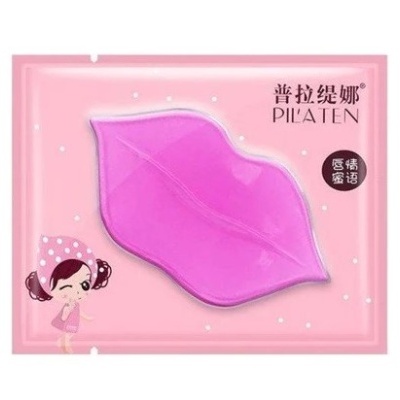 Máscara hidratante em forma de lábios rosa vibrante numa embalagem rosa com pontos brancos e ilustração de rapariga