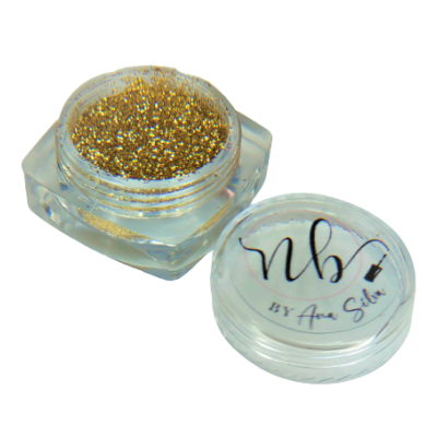 Pote transparente com glitter dourado e tampa com texto nb3 BY Ana Sônia