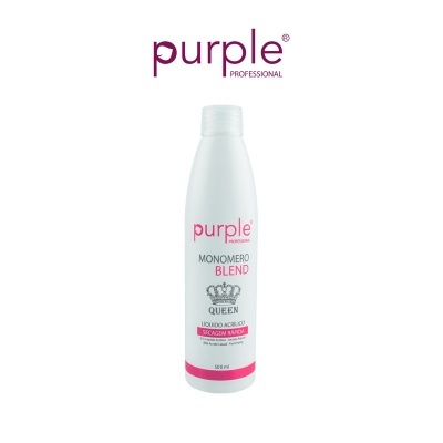 Frasco branco de plástico com tampa, texto 'purple PROFESSIONAL MONOMERO BLEND QUEEN'