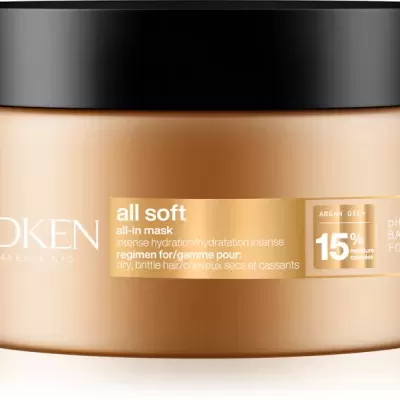 Embalagem da máscara capilar Redken all soft dourada com tampa preta e texto branco e dourado.