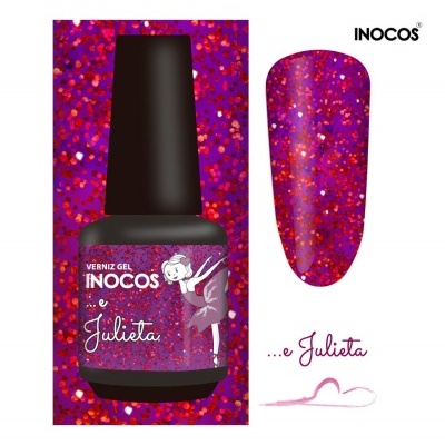 Verniz gel INOCOS e Julieta roxo com glitter brilhoso em embalagem com desenho de bailarina