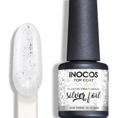 Verniz Inocos Top Coat com flocos prateados e amostra da cor