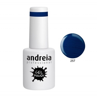 Frasco branco de verniz gel Andreia Professional com tampa branca e faixa azul, cor 257 azul escura.