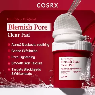 Caixa vermelha COSRX Blemish Pore Clear Pad com discos de algodão e texto promocional