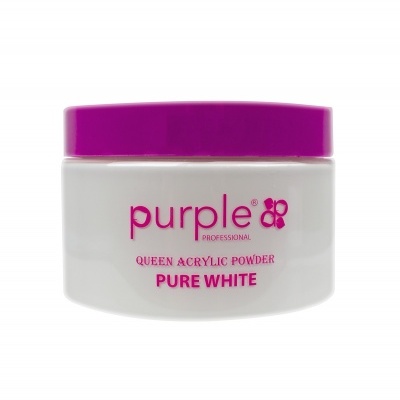 Pote branco com tampa roxa e texto da marca purple e descrição do produto
