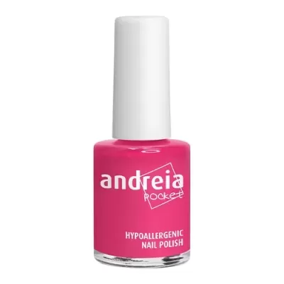 Verniz de unhas rosa vivo da marca Andreia Pocket com tampa branca