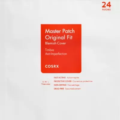 embalagem branca COSRX Master Patch Original Fit com texto em vermelho e laranja