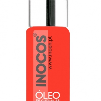 Frasco vermelho de óleo para cutículas Inocos com tampa prata e conta-gotas branco