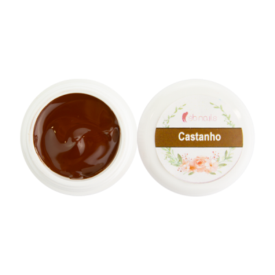Pote aberto de creme castanho sbnails com tampa branca e rótulo Castanho