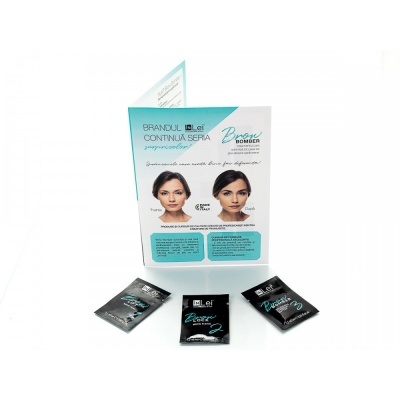 Pacote de produto Bronze Bombon com 3 saquetas e folheto explicativo com imagens de rosto feminino