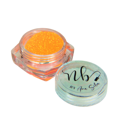 Frasco transparente com glitter laranja e tampa com texto Nbs BY Ana Silva