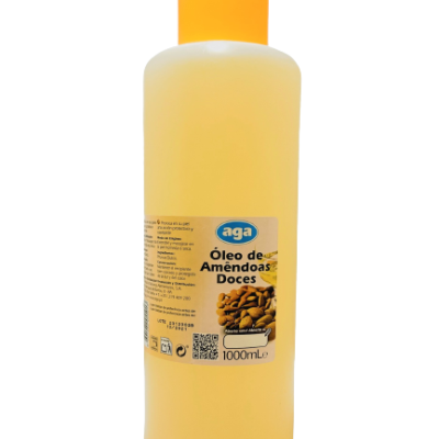 Frasco de óleo de amêndoas doces com tampa amarela e etiqueta com amêndoas