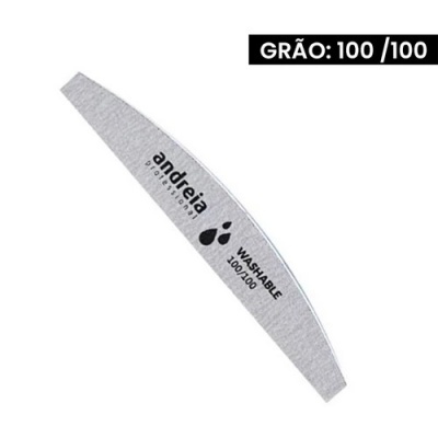 Lima de unha cinza clara Andreia Professional com texto impresso.