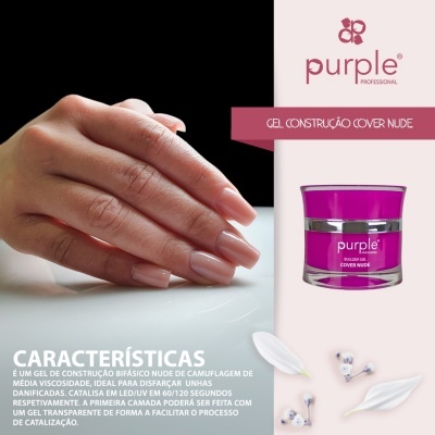 Pote de gel para unhas Purple Professional e mão com unhas naturais cor nude