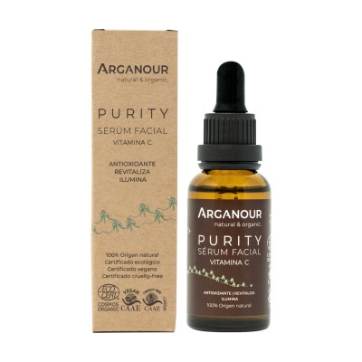 Sérum facial ARGANOUR PURITY Vitamina C em frasco âmbar com conta-gotas e caixa reciclada