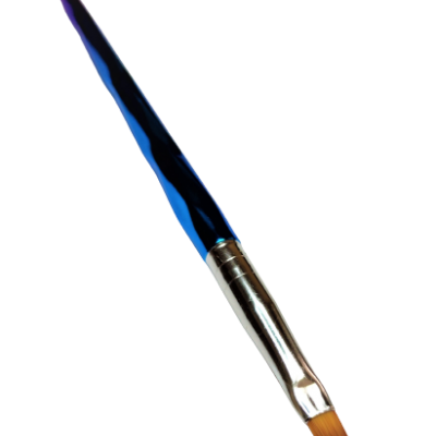 Pincel de pintura azul e preto com virola metálica e cerdas marrons