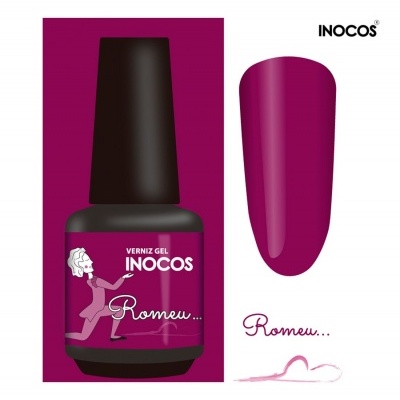 Verniz gel INOCOS cor roxa escura com rótulo e amostra de cor