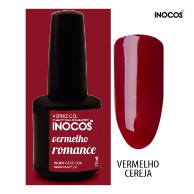 Verniz gel INOCOS vermelho romance com amostra de cor vermelho cereja