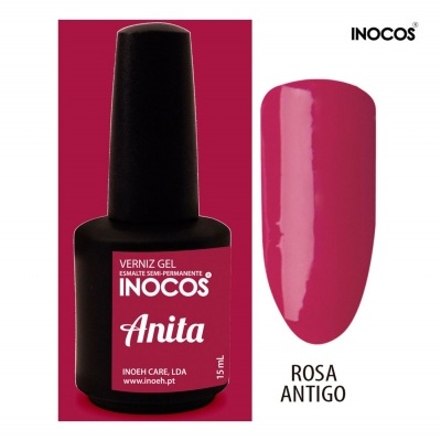 Verniz gel semi-permanente INOCOS Anita cor rosa antigo com amostra da cor e texto