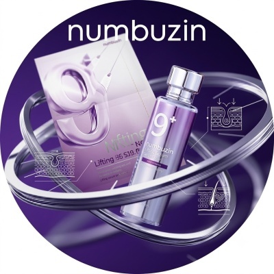 Soro lifting numbuzin 9+ roxo com embalagem e gráficos de pele branca em fundo roxo