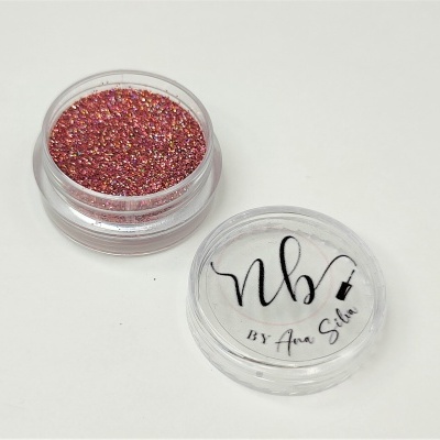 Recipiente transparente com glitter rosa e tampa com texto NBV BY Ana Silva