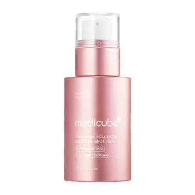 Frasco rosa metálico com doseador transparente de produto Medicube