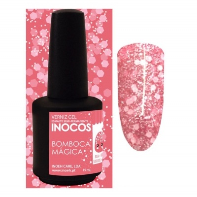 Frasco de verniz gel preto com rótulo rosa e amostra de cor rosa bolhas brancas