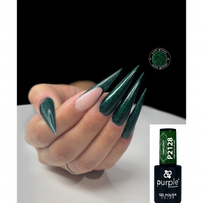 Unhas com esmalte verde cintilante em gel e frasco do produto