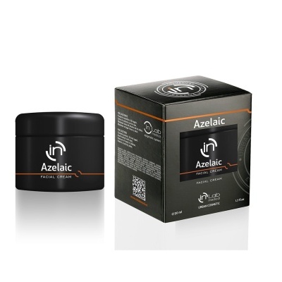 Embalagem creme facial Azelaic IN Lab Cosmetics preta com texto branco e detalhes laranja